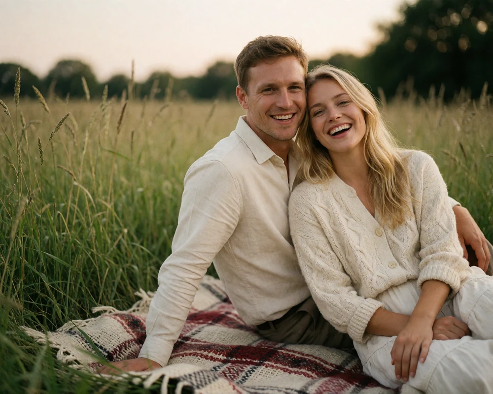 Couple laughing together on a picnic blanket in a green Polish countryside field