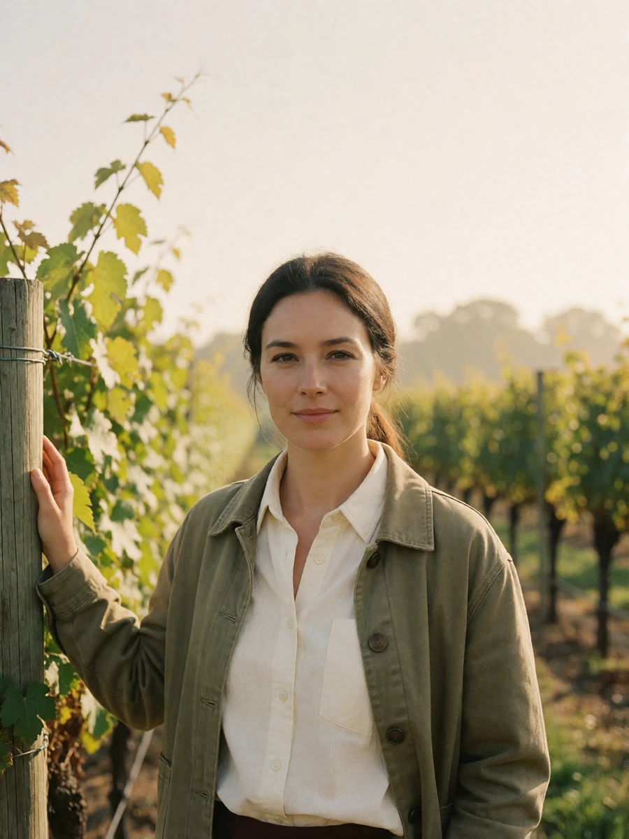 Confident Moldovan woman in a white shirt standing at the edge of a sunlit vineyard